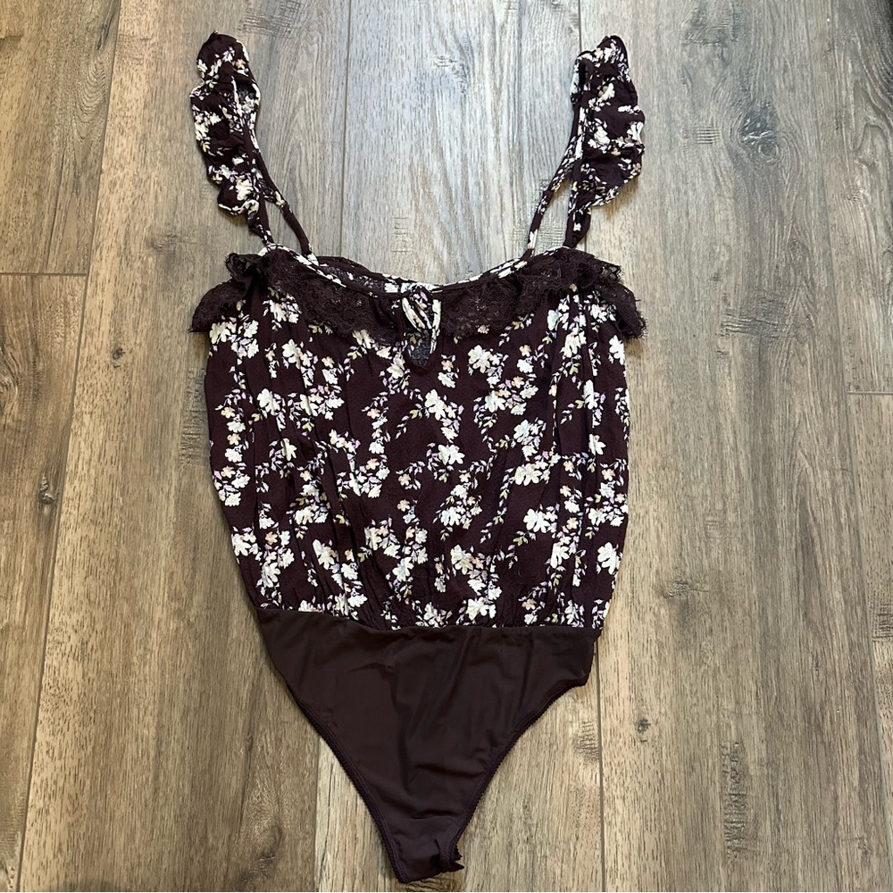 Free People Floral Lace Trim Bodysuit- Burgandy, Romantic, Feminine, Viscose, M